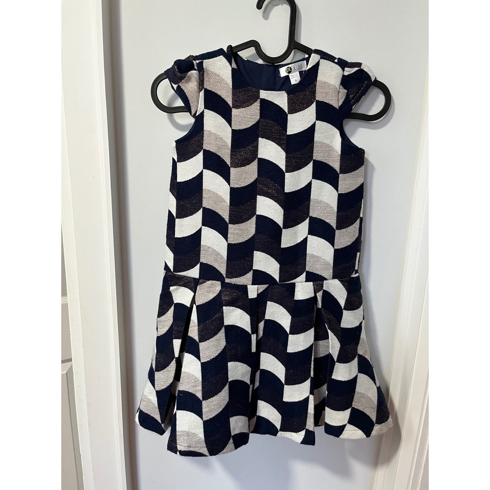 PL Kids Girls Navy Copper Metallic Geometric Jacquard Party Dress Size 6